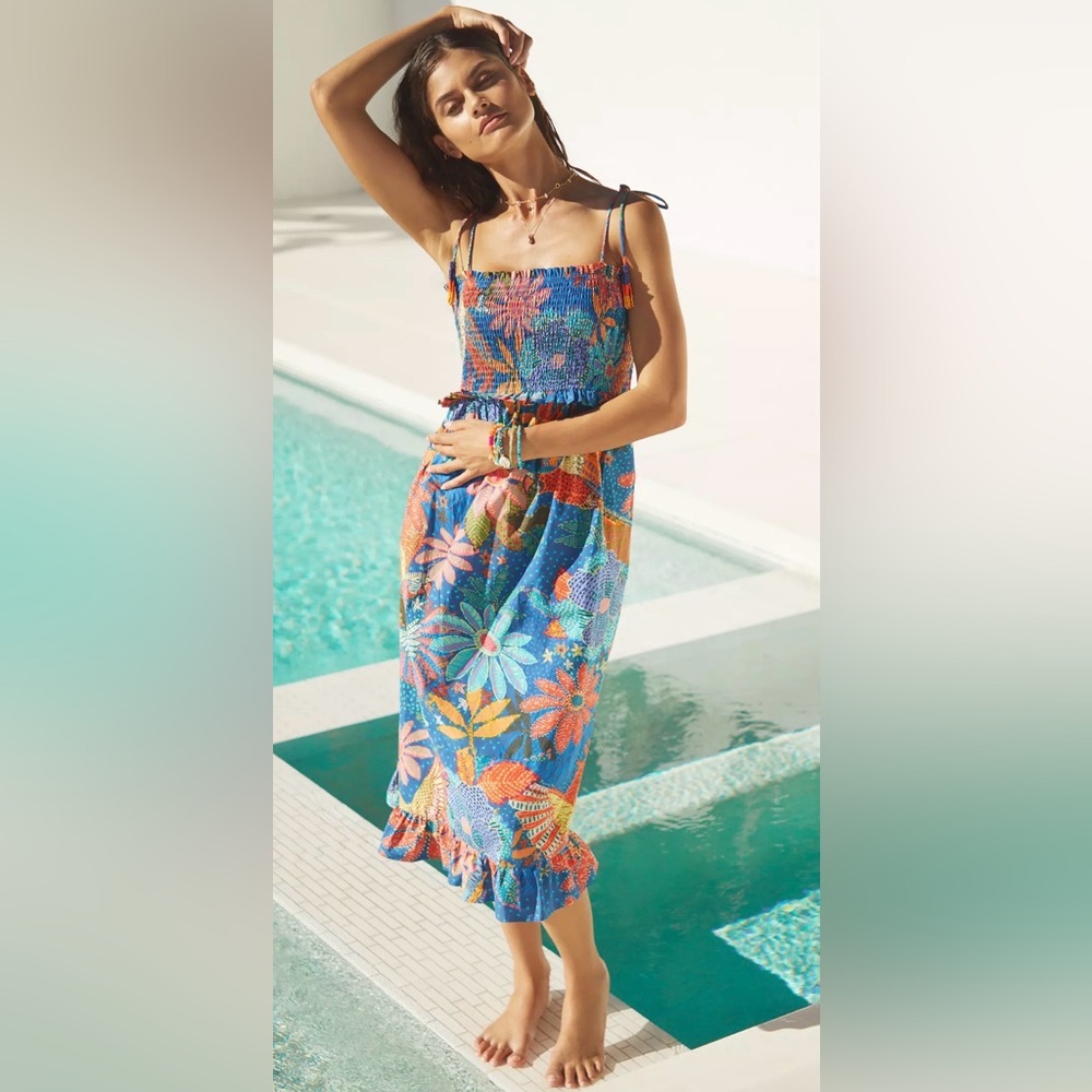 Anthropologie x Farm Rio Smocked Cover-Up Midi Dress Size L NWT